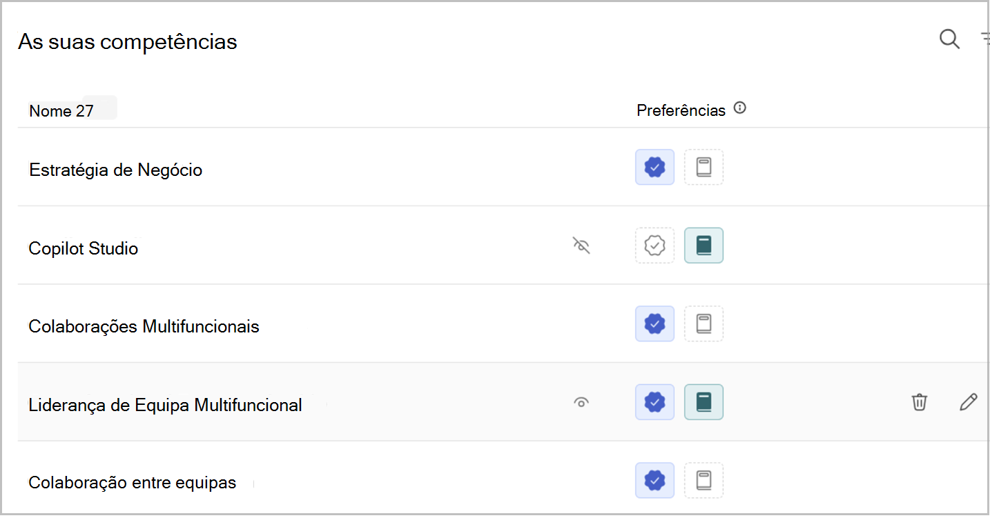 Uma lista das suas competências com as suas preferências e ícones para confirmar e desenvolver as suas competências.