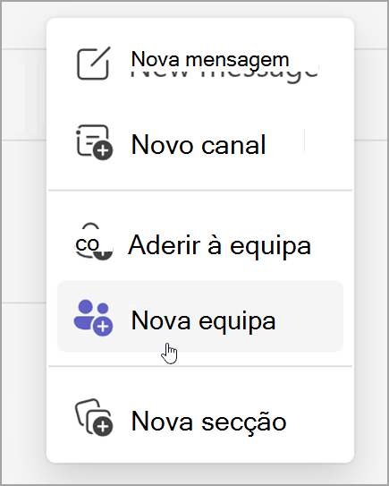 Captura de ecrã da opção para criar uma nova equipa. Revela depois de selecionar a opção novos itens.