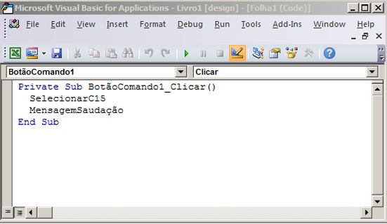 Um procedimento Sub no Visual Basic Editor