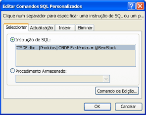 Caixa de diálogo Editar Comandos SQL Personalizados com a instrução de SQL