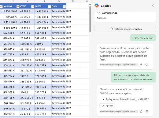 Captura de ecrã a mostrar como filtrar dados com o Copilot no Excel.