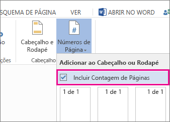 Imagem da caixa de verificação a selecionar para incluir a contagem de páginas com os números de páginas num documento (página X de Y).