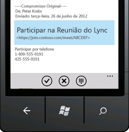 Captura de ecrã que mostra Participar numa Reunião do Lync no dispositivo móvel