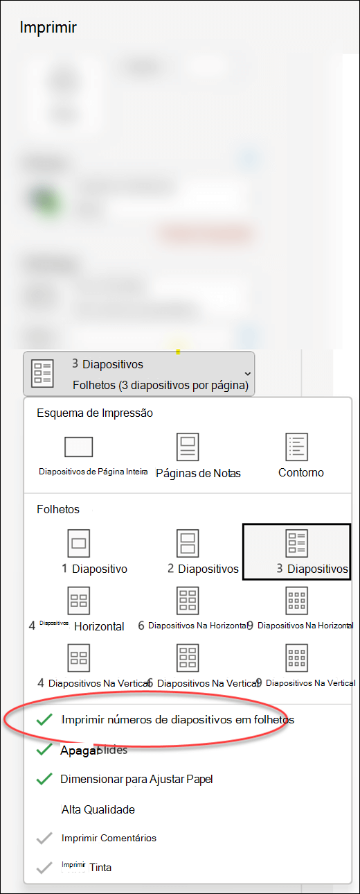 A caixa de diálogo Imprimir no PowerPoint a mostrar a opção para imprimir números de diapositivos em folhetos.