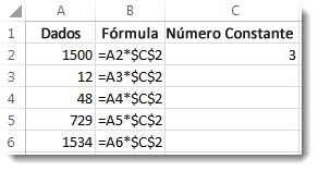 Números na coluna A, fórmula na coluna B com símbolos $ e número 3 na coluna C