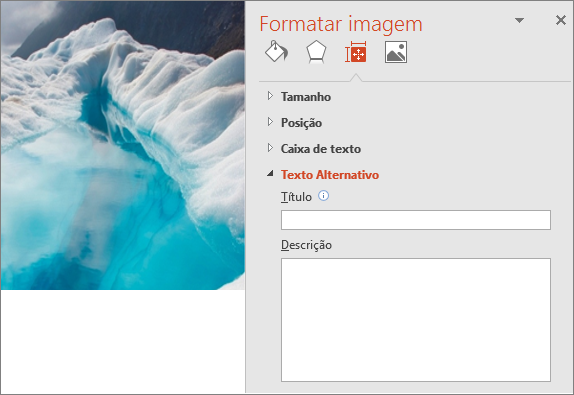 Versão antiga do modelo com imagem de lago glacial, com a caixa de diálogo Formatar Imagem sem texto alternativo na caixa Descrição.