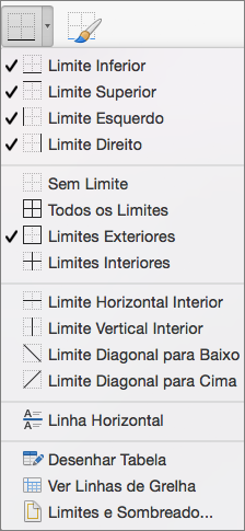 As opções de limite são apresentadas na estrutura da tabela