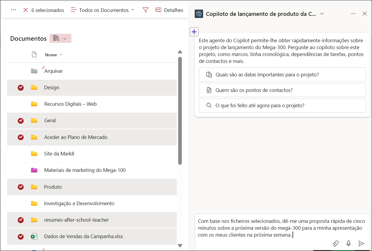 A captura de ecrã da seleção de ficheiros da biblioteca de documentos para conversa