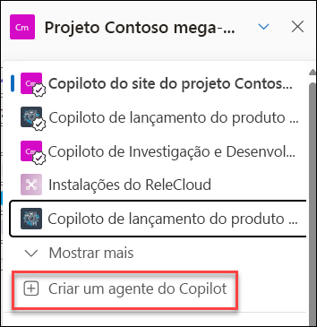 A captura de ecrã da criação de um novo agente do copilot a partir do painel de chat