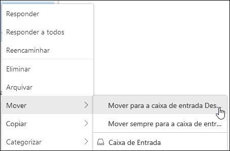 Uma captura de ecrã mostra o menu de contexto com a caixa de entrada Mover para Destaques e mover sempre para as opções da Caixa de Entrada Destaques.