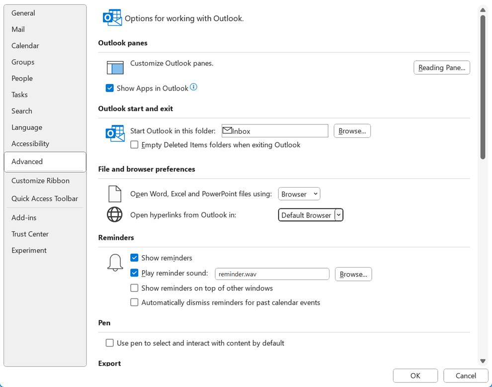 O separador Avançadas na caixa de diálogo Opções do Outlook.