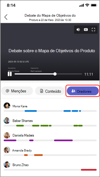 Ver oradores na recapitulação da reunião do Teams.