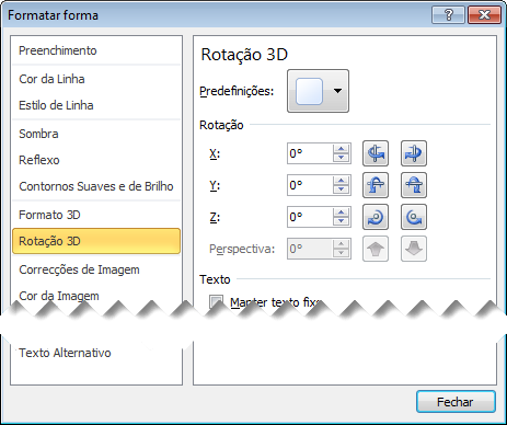 As opções de Rotação 3D na caixa de diálogo Formatar Forma