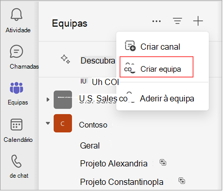 Uma captura de ecrã de um menu com opções para criar um canal, criar uma equipa ou aderir a uma equipa. Selecione criar equipa para criar uma equipa. Também mostra uma lista de equipas e canais existentes.