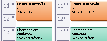 Vista de Calendário apresentando definições de relógio de 24 horas e de 12 horas