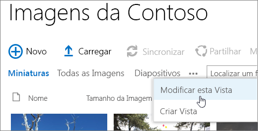 Barra de vista da biblioteca de imagens com a opção Modificar Vista selecionada