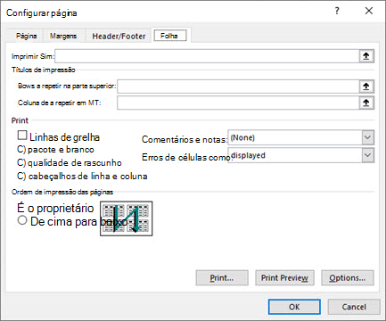 Opções do separador Folha de Configuração da Página do Excel