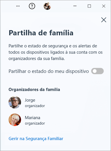 O painel Partilha de família no Microsoft Defender no Windows.