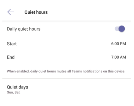 Imagem de definições de Horas de descanso na aplicação Teams para dispositivos móveis