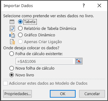 Caixa de diálogo Importar dados do Excel 2016