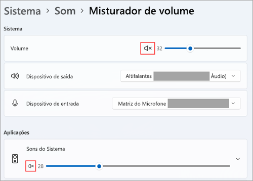 Ver dispositivos de volume e áudio predefinidos no Misturador de volume do Windows 11.
