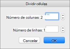 Captura de ecrã a mostrar a caixa de diálogo Dividir Células com as opções para definir o número de colunas e o número de linhas.