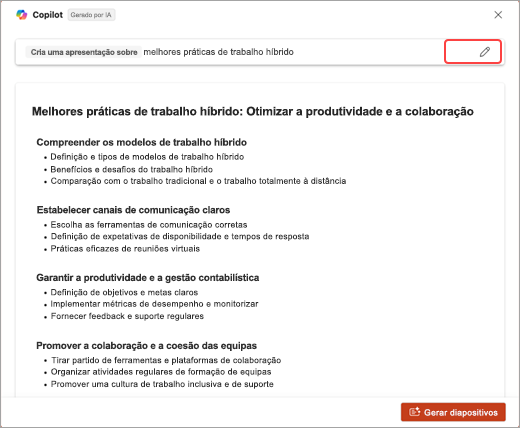 Captura de ecrã da lista de tópicos gerada pelo Copilot do PowerPoint.