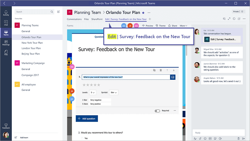 Separador Formulários no Microsoft Teams que mostra um formulário no modo "Editar"
