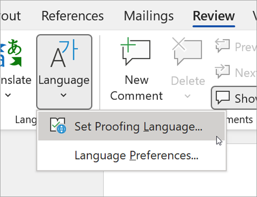 Captura de ecrã do separador Rever do Word. Mouse has selected language then set proofing language