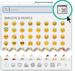 A caixa de diálogo símbolo pode ser alternada para uma vista maior que mostra vários tipos de carateres e não apenas emojis
