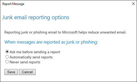 Captura de ecrã a mostrar opções para mensagens comunicadas como tentativas de lixo ou phishing