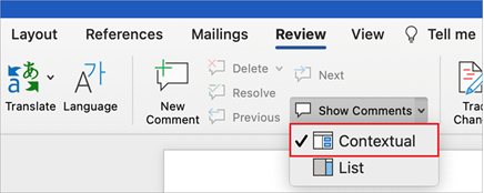 Menu "Mostrar Comentários" expandido no Word no Mac com a opção "Contextual" selecionada.