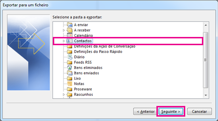 Assistente de Exportação do Outlook – Selecionar contactos