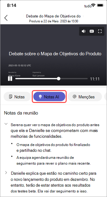 Veja as notas geradas pela IA na recapitulação da reunião do Teams.
