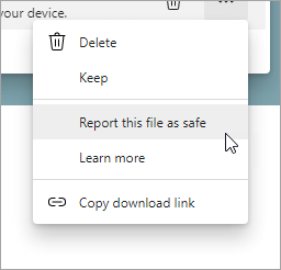 Um menu com a opção "Reportar este ficheiro como seguro" selecionada