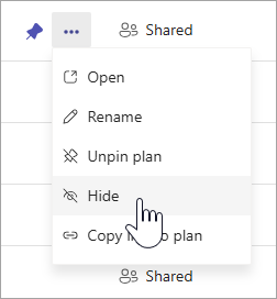 Um cursor que aponta para a opção "Ocultar" no menu de contexto de um plano em Os Meus Planos no Planner