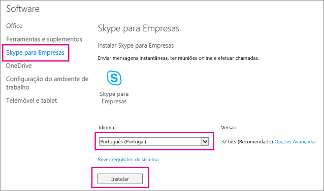 Na primeira página do assistente de Configuração do Skype, selecione o seu idioma.