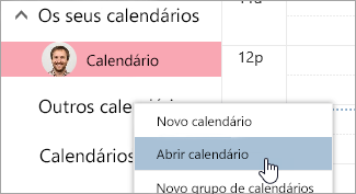 Uma captura de ecrã da opção Abrir calendário