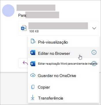 Captura de ecrã a mostrar a lista pendente de anexos com a opção Editar no browser selecionada