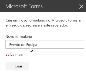 Painel da peça Web Microsoft Forms para um novo formulário.