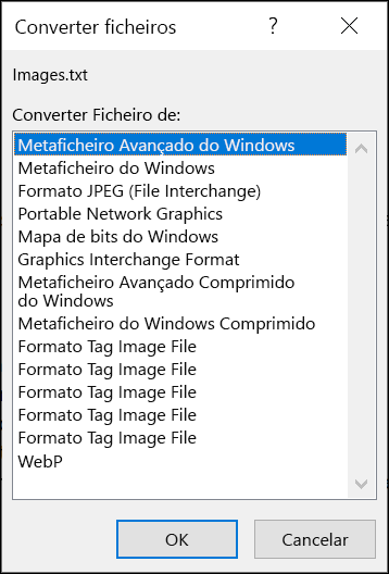 A caixa de diálogo apresenta uma lista de formatos de ficheiro de imagem a converter