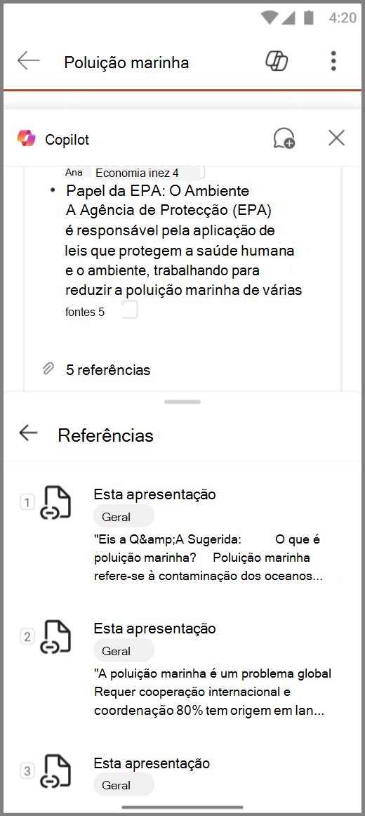 Captura de ecrã do Copilot no PowerPoint num dispositivo Android com Referências para a resposta Resumir este conjunto de diapositivos