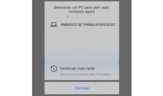 Captura de ecrã a mostrar a opção Escolher um PC no Microsoft Edge no iOS, para que o utilizador possa abrir a página Web no respetivo computador.