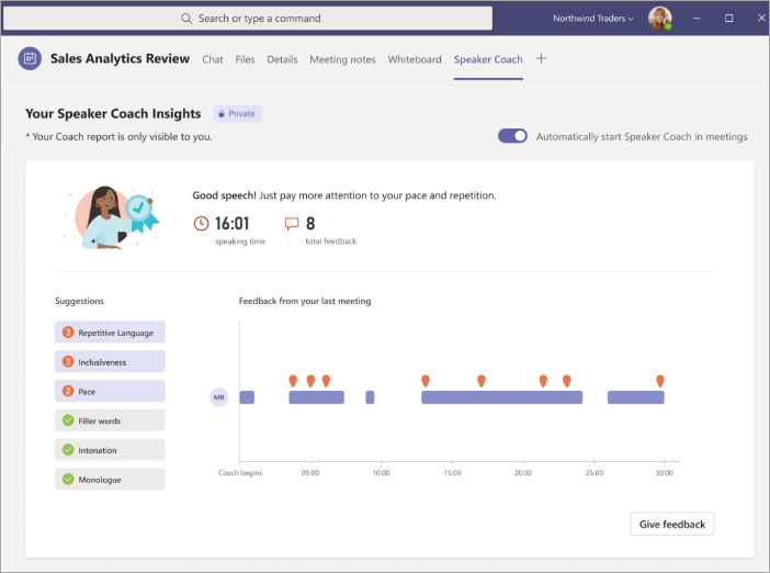 Captura de ecrã a mostrar um relatório do Assistente de Orador no canal do Microsoft Teams.