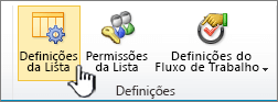 Botão de definições de lista na fita da página