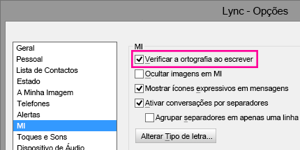 Captura de ecrã da janela opções de MI com a verificação ortográfica realçada