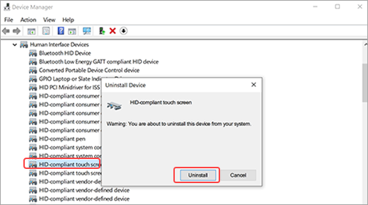 Captura de ecrã da janela Device Manger (Gestão de Dispositivos) a mostrar a caixa de diálogo Desinstalar Dispositivo com a opção de desinstalar o controlador do ecrã tátil HID-complaint ou cancelar o pedido.