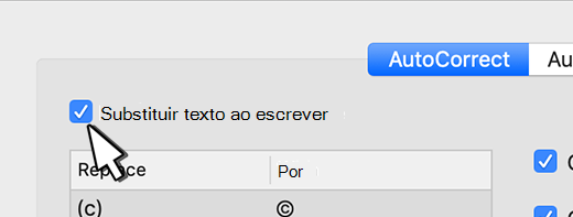 Caixa de verificação Substituir texto ao escrever no Outlook para Mac