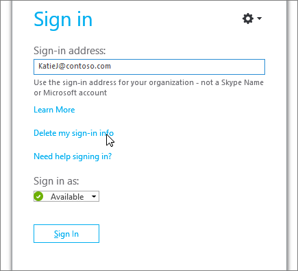 Uma imagem mostrando o botão de informação Delete my sign-in no Skype for Business Sign no ecrã.