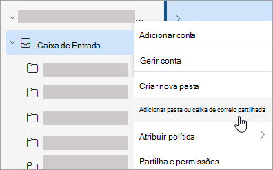 Captura de ecrã a mostrar a seleção para Adicionar pasta ou caixa de correio partilhada